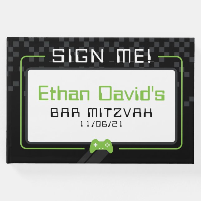 BAR MITZVAH WELCOME Gamer coole schwarze Kalkgrün Gästebuch (Vorderseite)