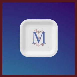 Bar Mitzvah White Blue Burgundy Name Monogram Pappteller