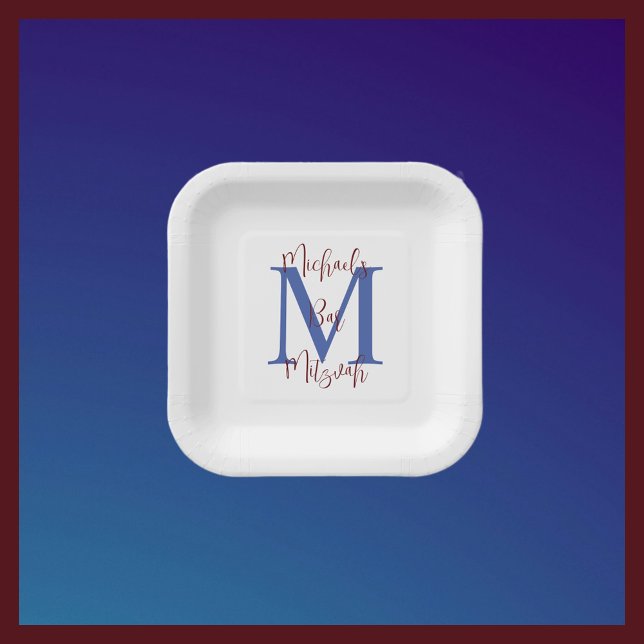 Bar Mitzvah White Blue Burgundy Name Monogram Pappteller (Von Creator hochgeladen)