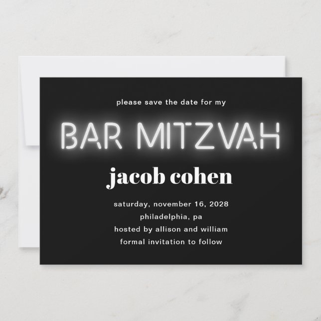 Bar Mitzvah White Neon Lights Save the Date Einladung (Vorderseite)