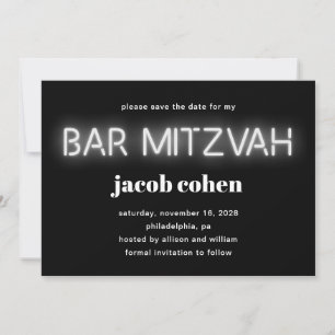 Bar Mitzvah White Neon Lights Save the Date Einladung