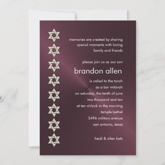 Bar Mitzvah Wine Sheen Silver Stars von David Einladung (Vorderseite)