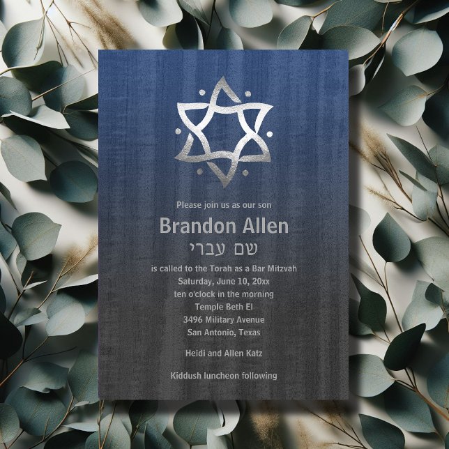 Bar Mitzvah Wood Look Blue Gray Silver Star Einladung (Von Creator hochgeladen)