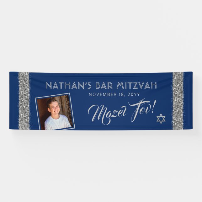 Bar MitzvahSilver Blue Willkommen Mazel Tov Large Banner (Horizontal)