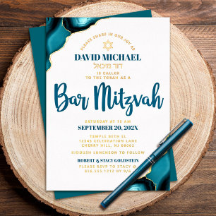 Bar Mitzwa Türkis Achat Fette Schrift echtes Gold Folieneinladung
