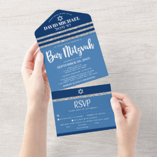 Bar Mizwa Blau Silber Tallit Fette Moderne Schrift All In One Einladung