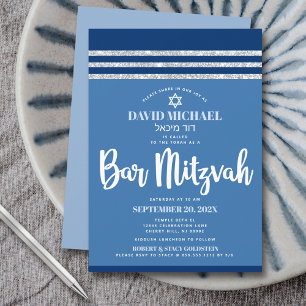 Bar Mizwa Blau Silber Tallit Moderne Fette Schrift Einladung