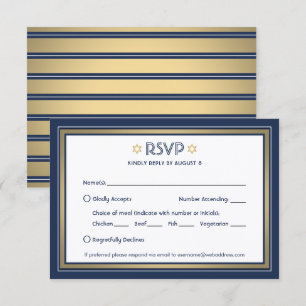 Bar-Mizwa-Essen Optionen Navyblau Weiß und Gold RSVP Karte