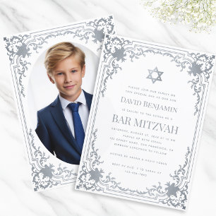 Bar Mizwa Foto Faux Silber Stern Elegant Verziert Einladung