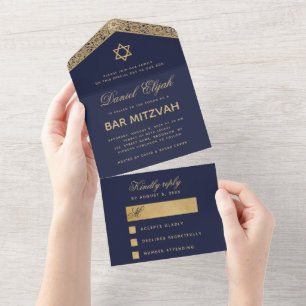 Bar Mizwa Marineblau Gold Elegante Schrift Altmodi All In One Einladung