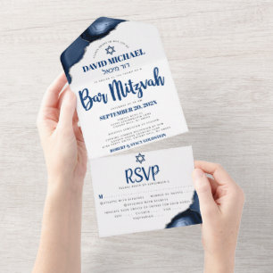 Bar Mizwa-Navy-Blau-Achat-Script-Party Modern All In One Einladung