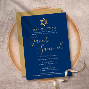Bar Mizwa Navy Blau Gold Schrift Einladung