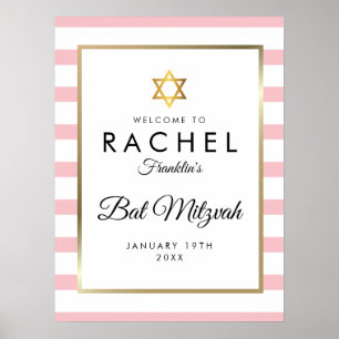 Bar Mizwa Rosa und Weiße Streifen Gold Willkommen Poster