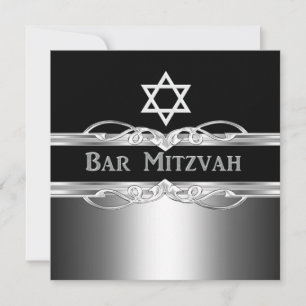 Bar Mizwa Schwarz Silber Metall Junge 2 Einladung