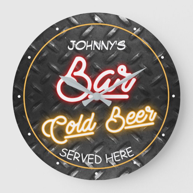 Bar Name Imitate Neon Diamond Plate Red Gold Große Wanduhr (Vorderseite)