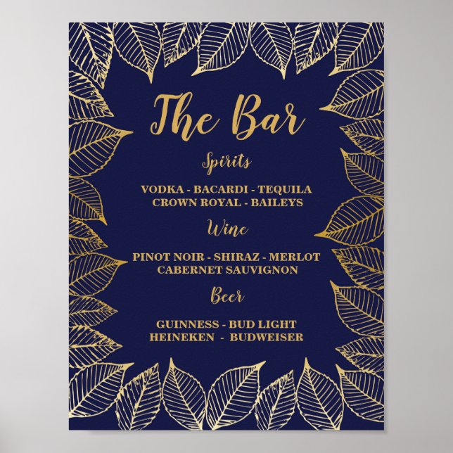 Bar Navy Gold Blätter unterzeichnen Hochzeitsempfa Poster (Vorne)