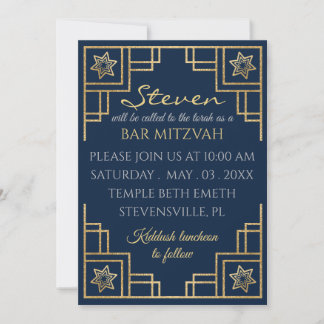 Bar or Bat Mitzvah Blue n Gold Art Deco Einladung