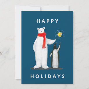 Bär & Pinguin auf blauem Hintergrund  Feiertagskarte
