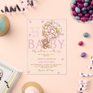 Bär Rosa Ballons Mädchen Baby Shower Acryleinladungen