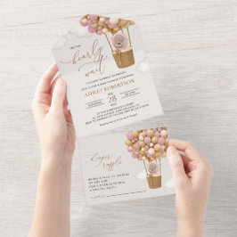 Bär, rosa Balloons, Heißluftballon, Babydusche All In One Einladung