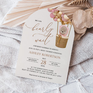 Bär, rosa Balloons, Heißluftballon, Babydusche Einladung