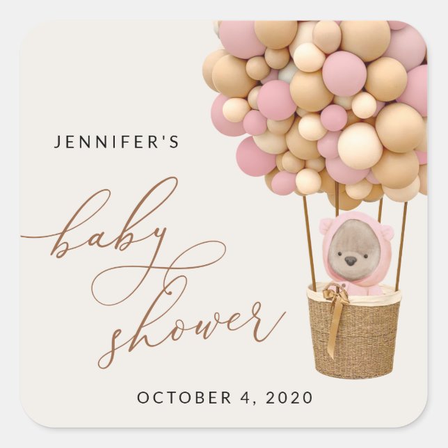 Bär, rosa Balloons, Heißluftballon, Babydusche Quadratischer Aufkleber (Vorderseite)