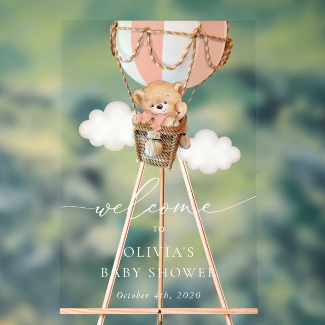 Bär, rosa Heißluftballon, Babydusche Willkommen Acrylschild (Neutral)