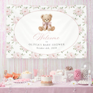 Bär, rosa Schleife, rosa Blumen, Babyparty-Willkom Banner