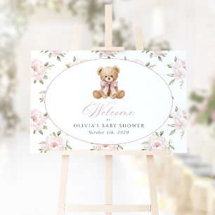 Bär, rosa Schleife, rosa Blumen, Babyparty-Willkom Poster