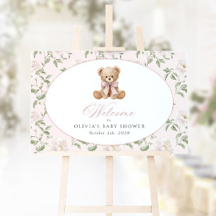 Bär, rosa Schleife, rosa Blumen, Babyparty-Willkom Poster