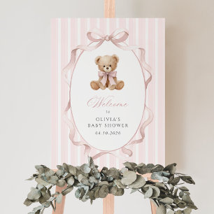 Bär, rosa Schleife, rosa Streifen, Babyparty-Willk Poster