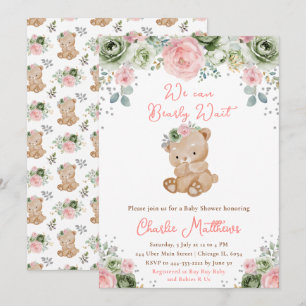 Bär Sage Grün und Rosa Blumen Baby Shower Einladung