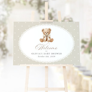 Bär, Schleife, Beige Tupfen, Babyparty Willkommen Poster
