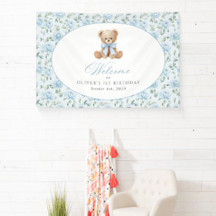 Bär, Schleife, Blaue Blumen, Willkommen zum ersten Banner