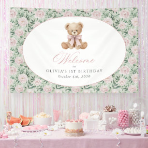Bär, Schleife, rosa Blumen, Willkommensschild zum Banner