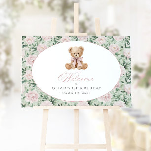 Bär, Schleife, rosa Blumen, Willkommensschild zum  Poster