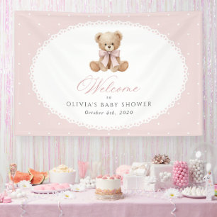 Bär, Schleife, rosa Tupfen, Babyparty-Willkommen Banner