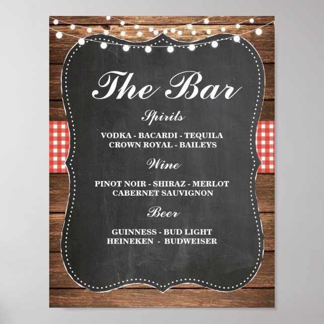 Bar Sign Wedding Empfang Rustikale Chalk Roter Kar Poster (Vorne)