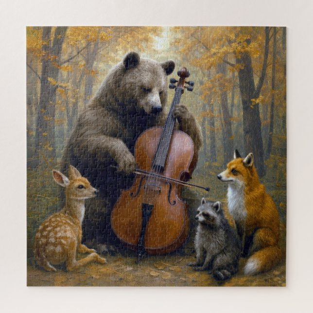 Bär spielt Cello in herbstlichen Wäldern Puzzle (Vertikal)