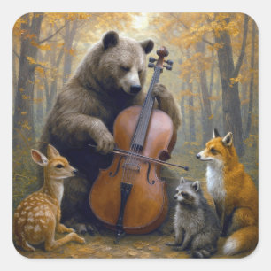 Bär spielt Cello in herbstlichen Wäldern Quadratischer Aufkleber