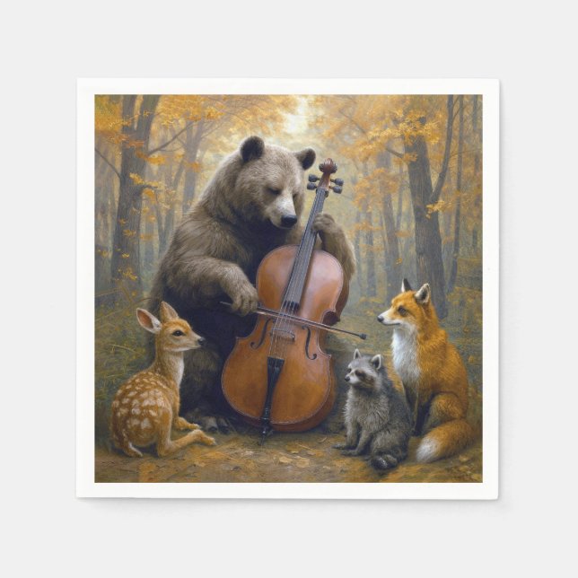 Bär spielt Cello in herbstlichen Wäldern Serviette (Vorderseite)