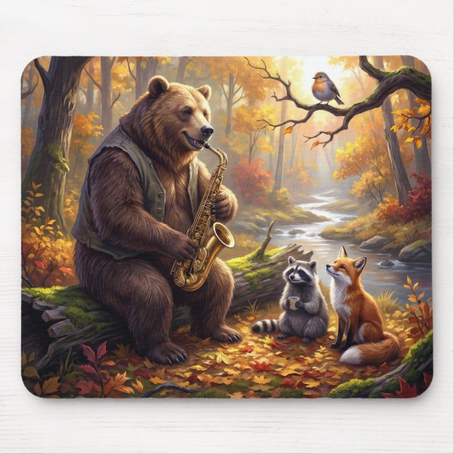 Bär spielt Saxophon im Herbstwald Mousepad (Vorne)