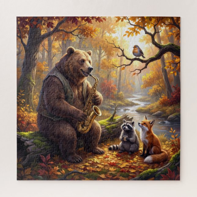 Bär spielt Saxophon im Herbstwald Puzzle (Vertikal)