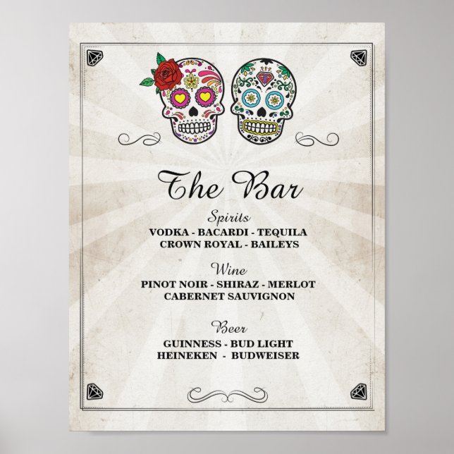 Bar Sugar Skulls Rose Sign Wedween Party Halloween Poster (Vorne)