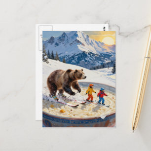 Bär und Kinder skifahren in einer Schüssel Haferbr Postkarte
