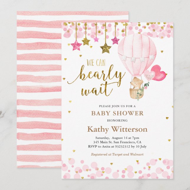 Bär und Twinkle Star Hot Air Ballon Babydusche  Einladung (Vorne/Hinten)