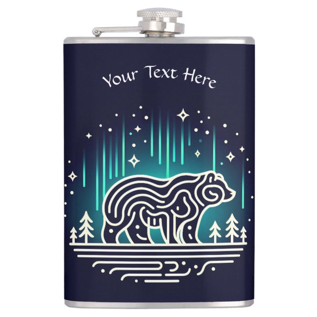 Bär unter Aurora Lights Flachmann (Vorderseite)