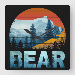 BÄR VINTAGE NATUR WILD WALD SONNENUNTERGANG QUADRATISCHE WANDUHR