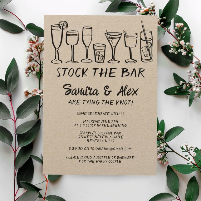 Bar Whimsical Cocktail Drinks Verlobung lagern Einladung (Stock the Bar Whimsical Cocktail Drinks Engagement Invitation Kraft Rustic Sketch Couples SHower
)