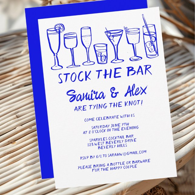 Bar Whimsical Cocktail Drinks Verlobung lagern Einladung (Stock the Bar Whimsical Cocktail Drinks Engagement Invitation BLue Sketch Doodle Cute Trendy
)